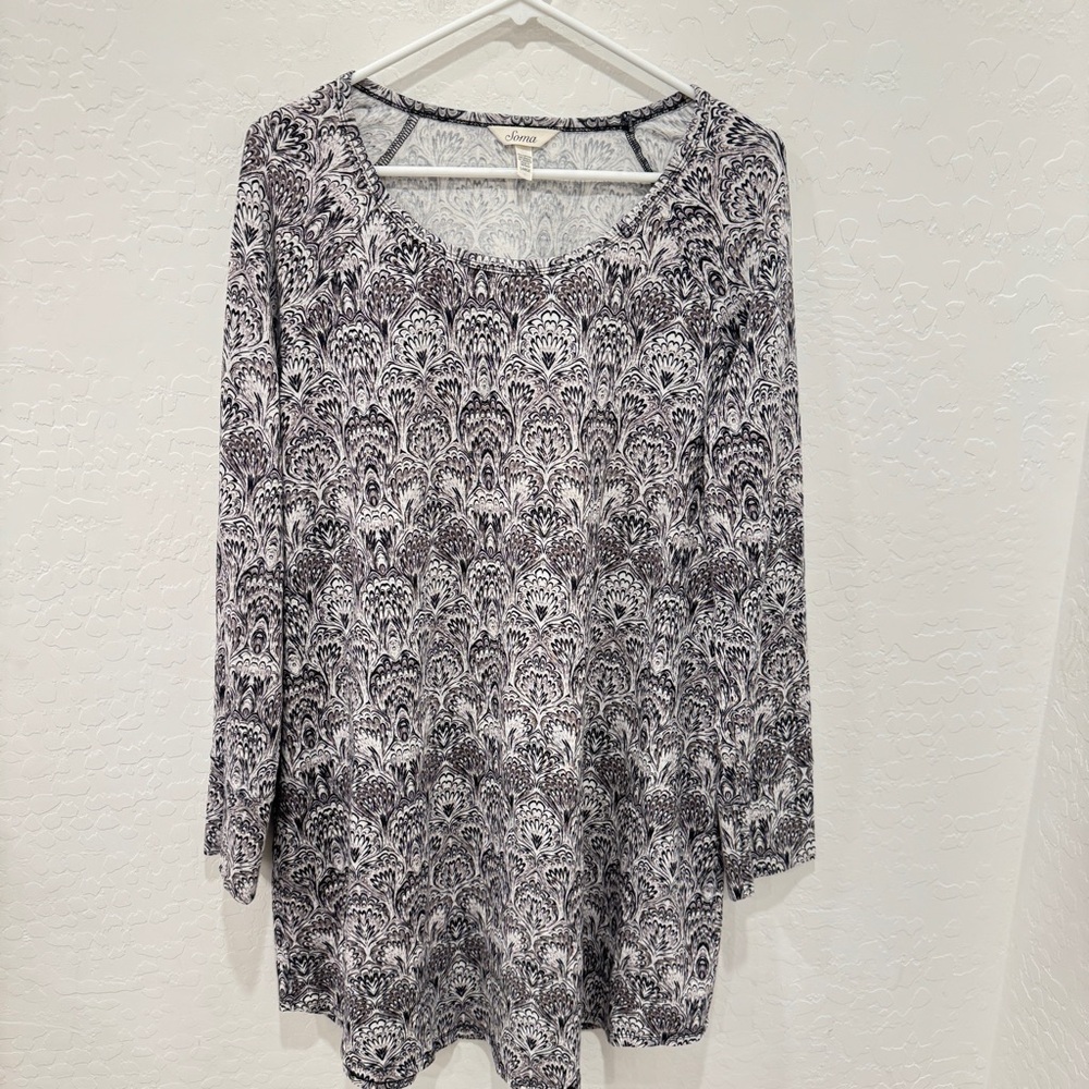 Soma Tunic Nightgown Women’s Large Black White Paisley Long Sleeve Loungewear